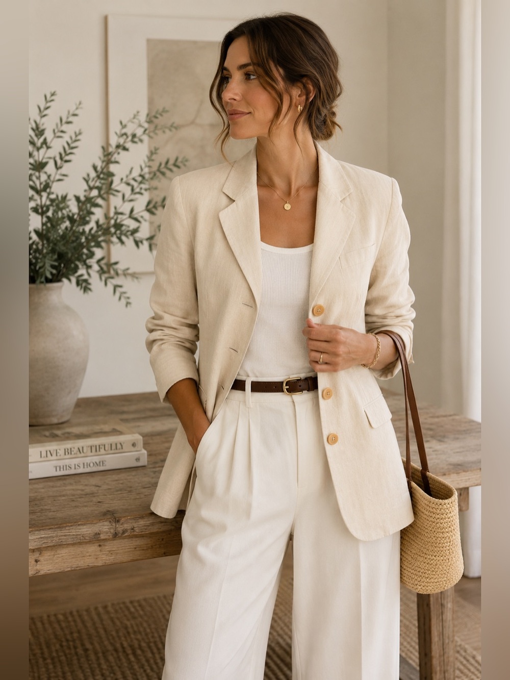 Vintage Linen Silk Blend Blazer Beige Neutral Quiet Luxury Career Jacket Size 6